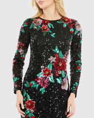 Black Embellished High Neck Cascading Floral Dress