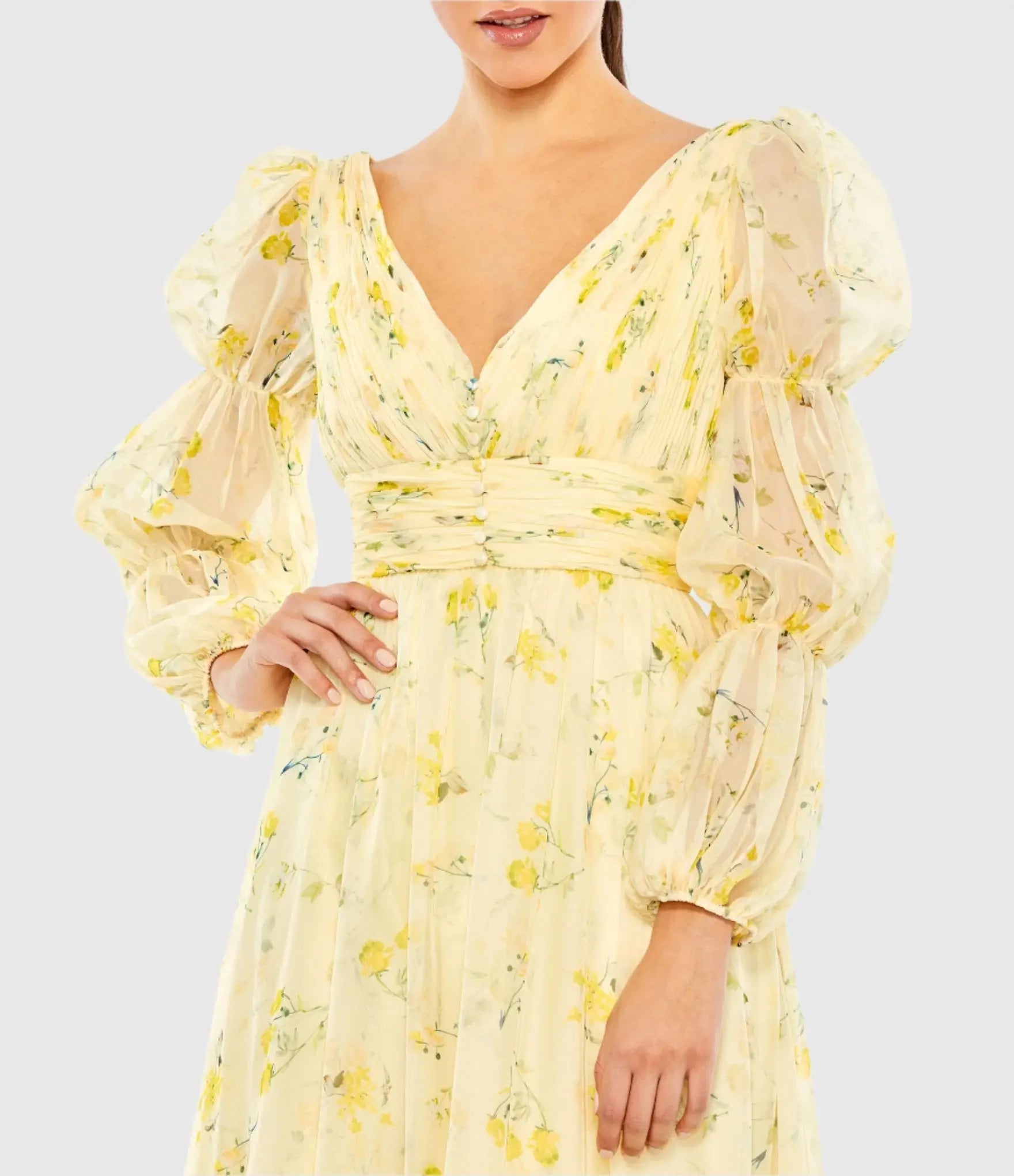 Yellow Floral Print Chiffon Illusion Tiered Puff Dress