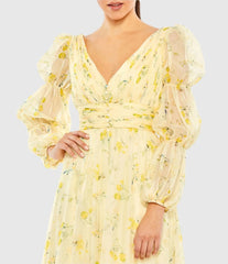 Yellow Floral Print Chiffon Illusion Tiered Puff Dress