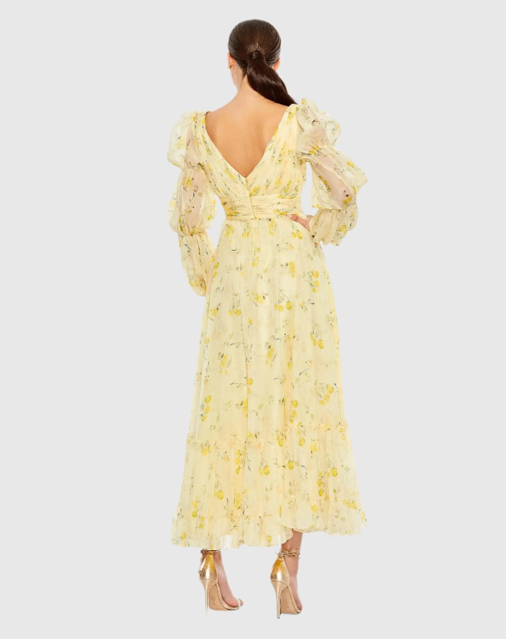 Yellow Floral Print Chiffon Illusion Tiered Puff Dress