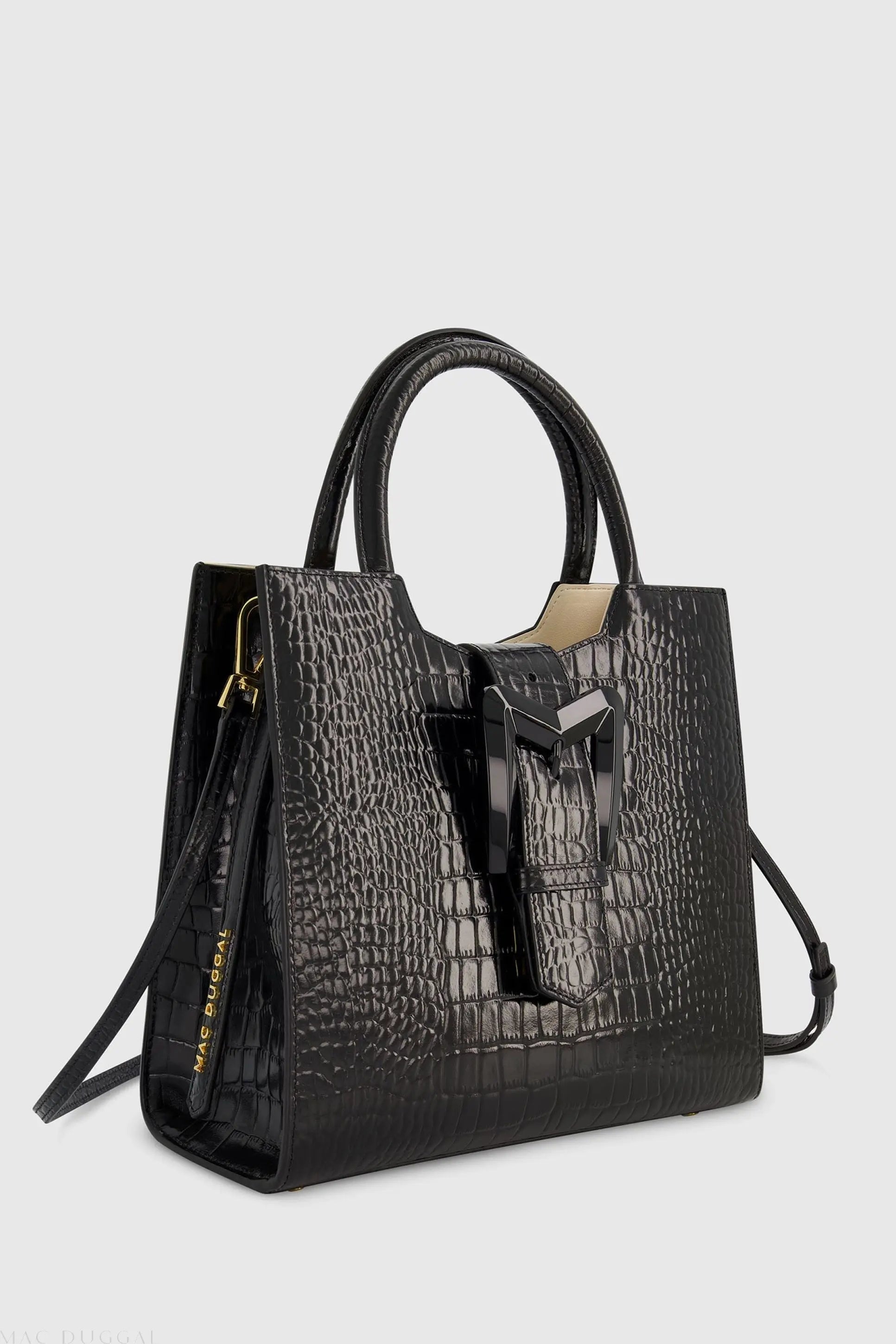 Black Buckled Medium Croco Leather Tote Bag with Detachable Strap