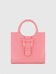 Pink Buckled Medium Croco Leather Tote Bag with Detachable Strap