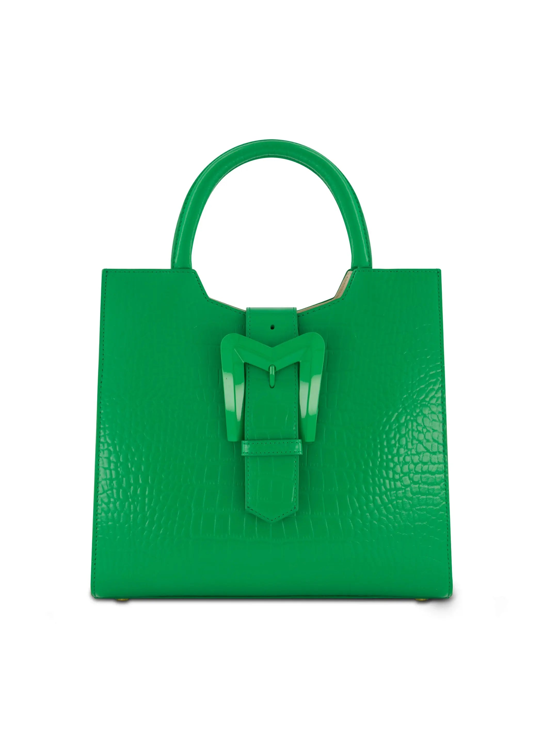 Green Buckled Medium Croco Leather Tote Bag with Detachable Strap