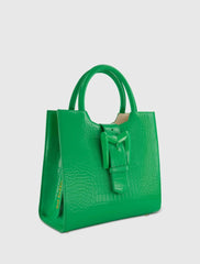 Green Buckled Medium Croco Leather Tote Bag with Detachable Strap