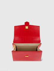 Red Buckled Medium Croco Leather Handbag with Detachable Strap