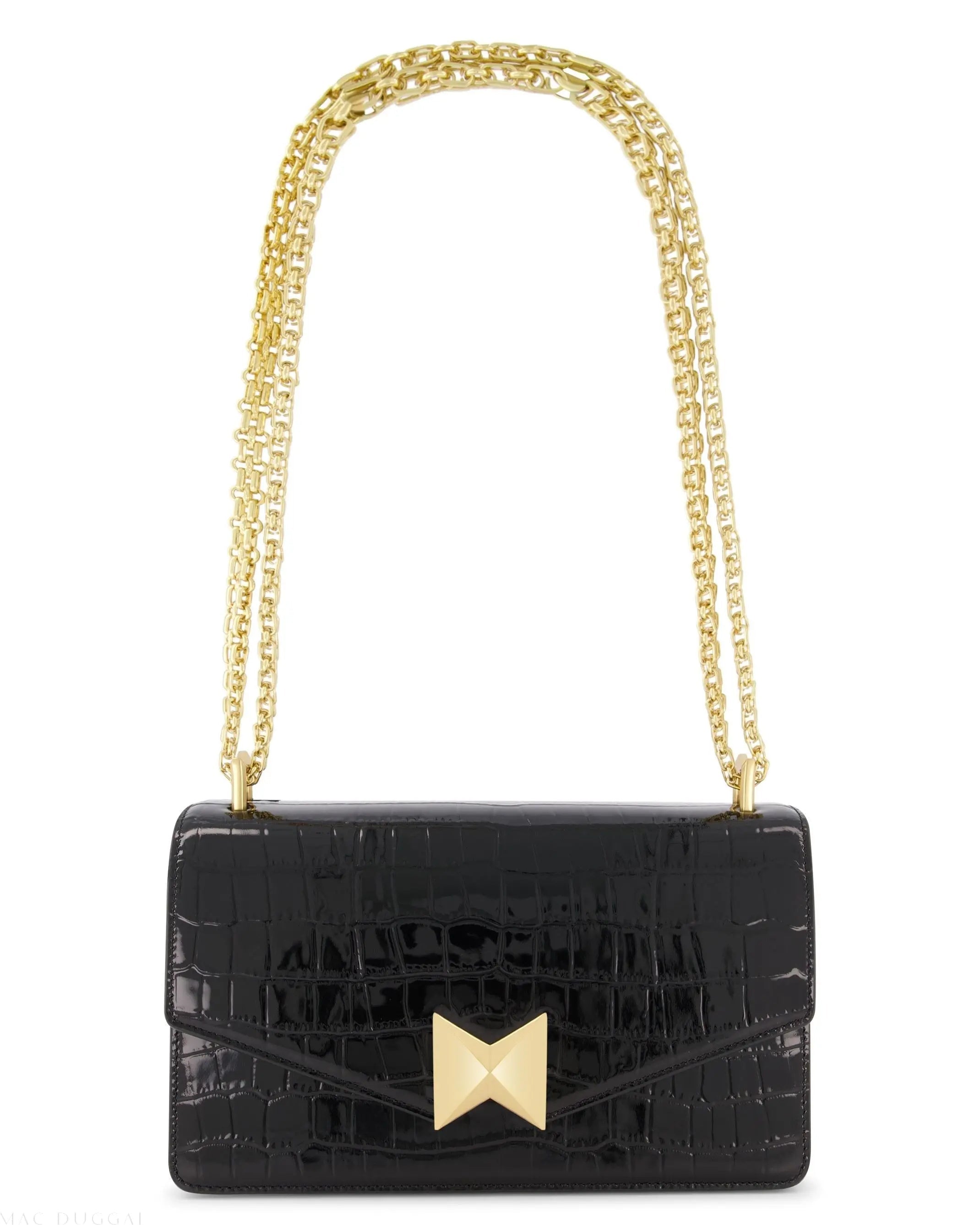 Black Crocodile Leather Shoulder Bag With Gold Hardware