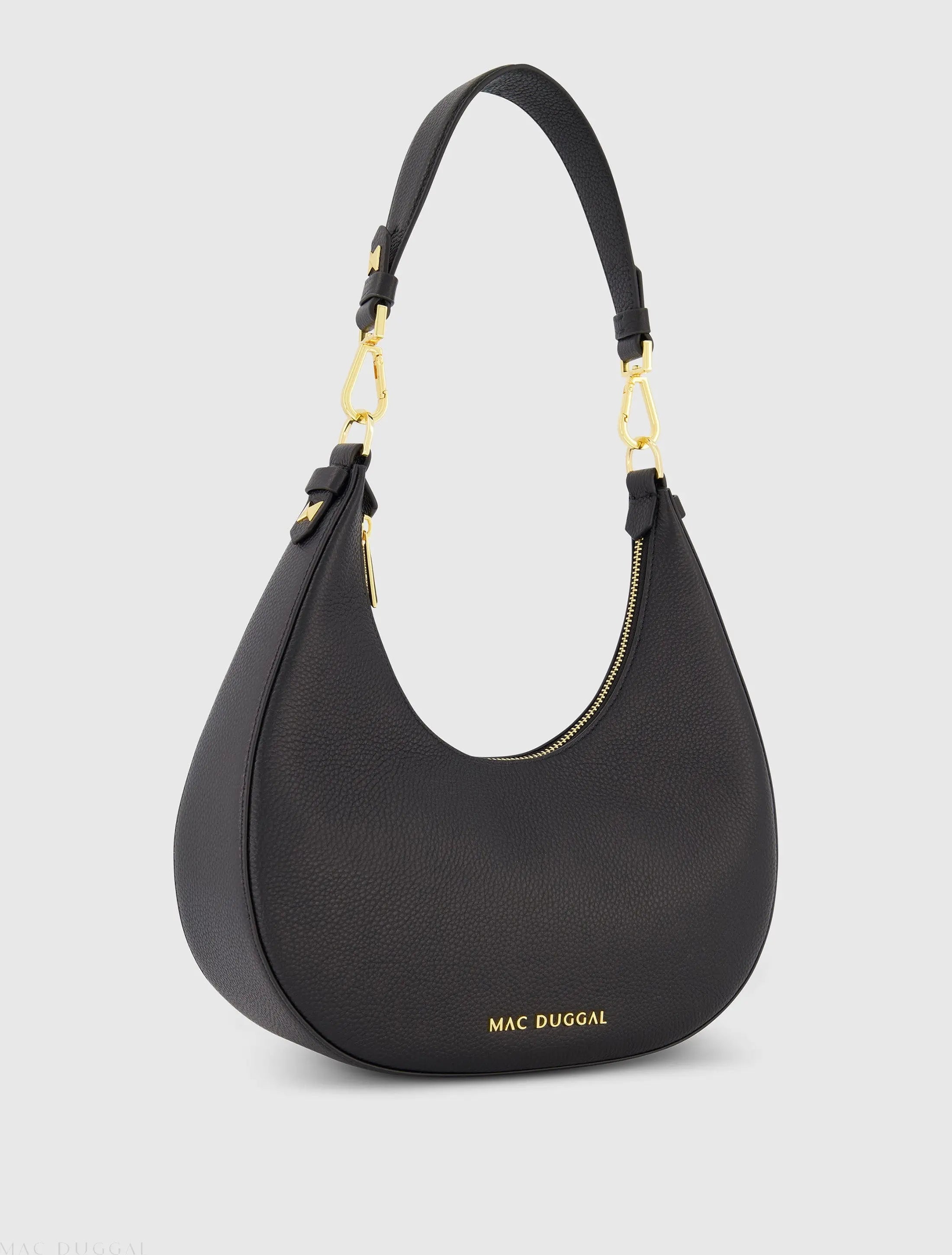 Black Grain Leather Hobo Bag With Gold Hardware