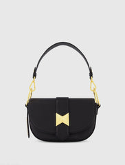 Black Grain Leather Saddle Bag With Gold Hardware