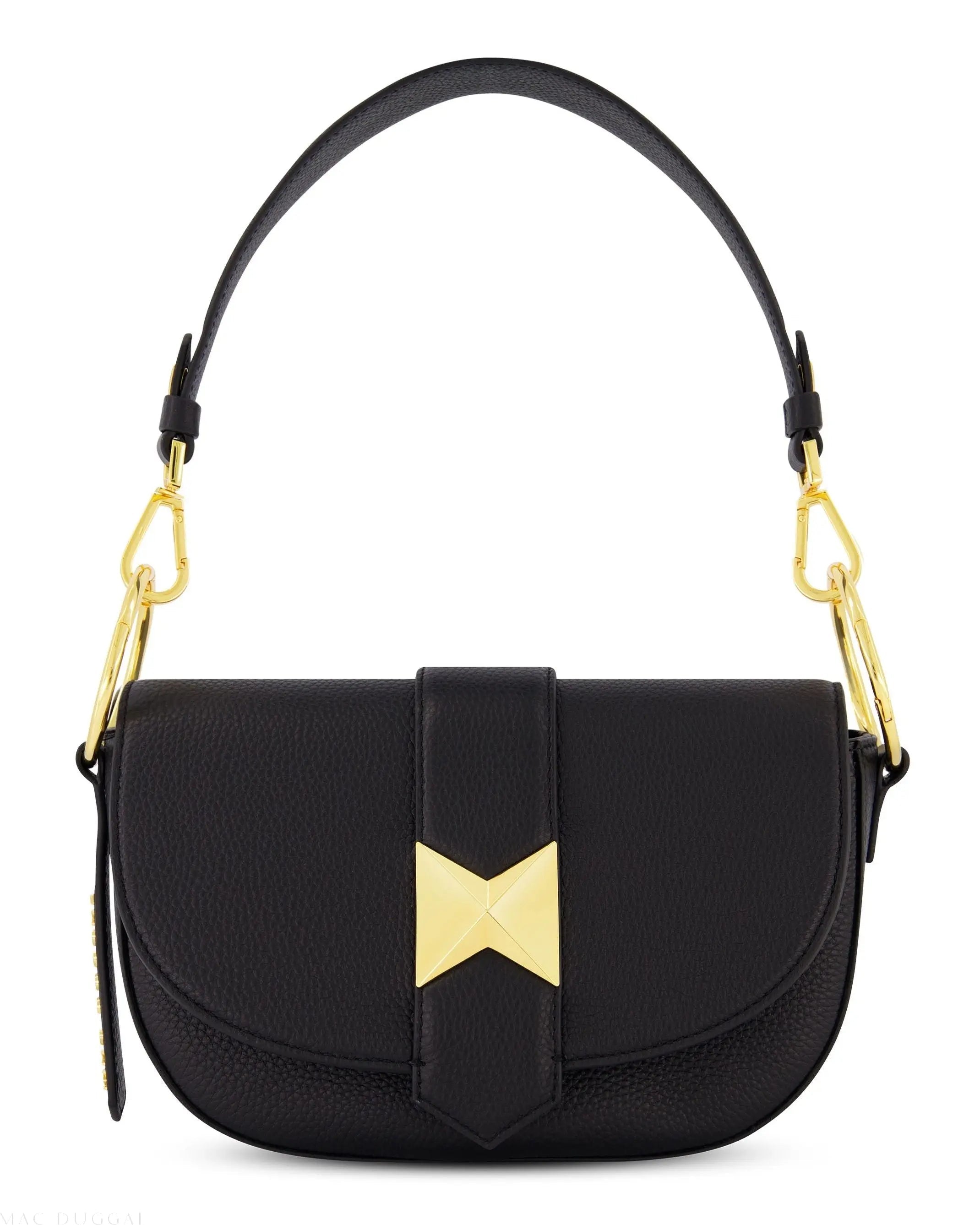 Black Grain Leather Saddle Bag With Gold Hardware