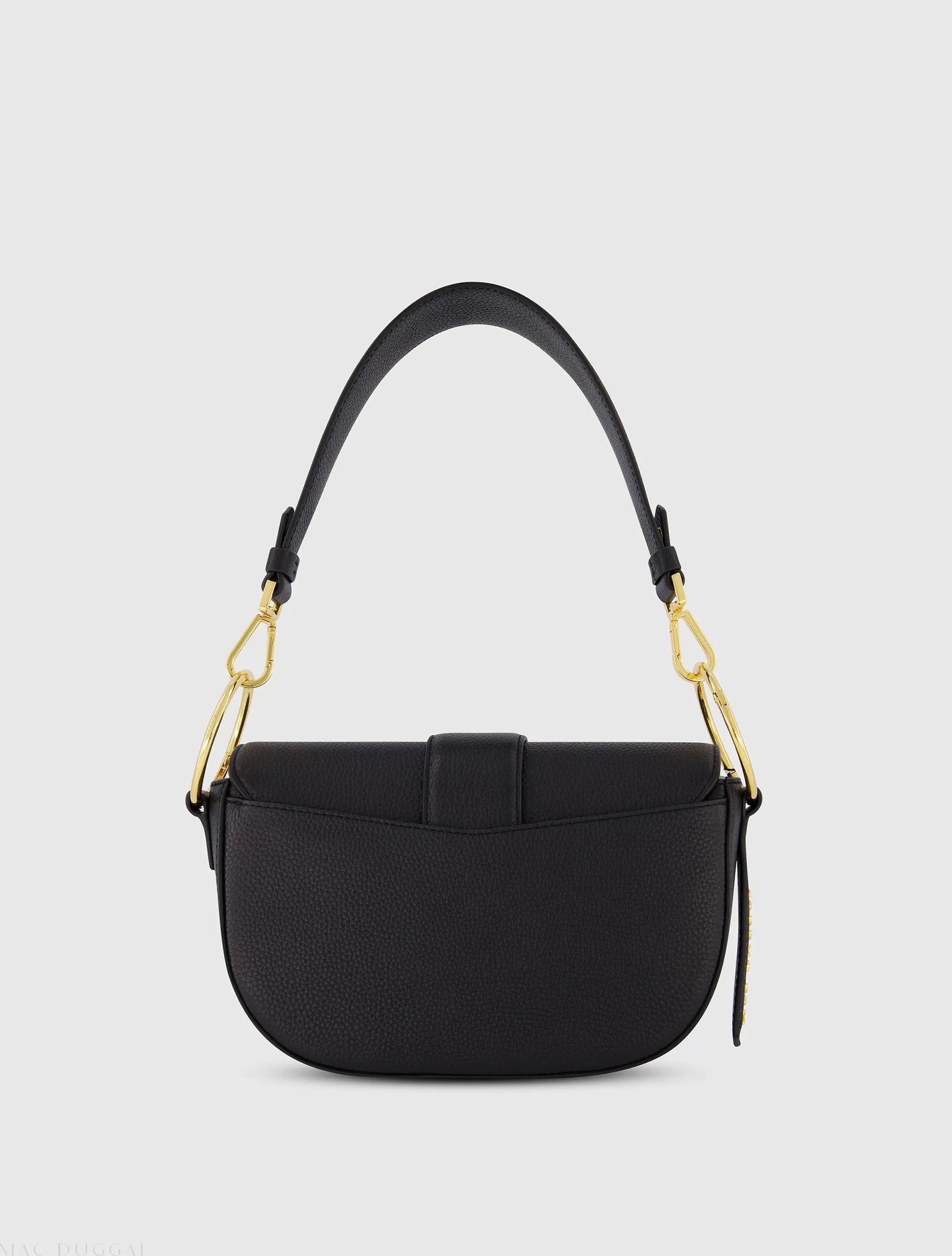 Black Grain Leather Saddle Bag With Gold Hardware