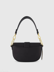 Black Grain Leather Saddle Bag With Gold Hardware