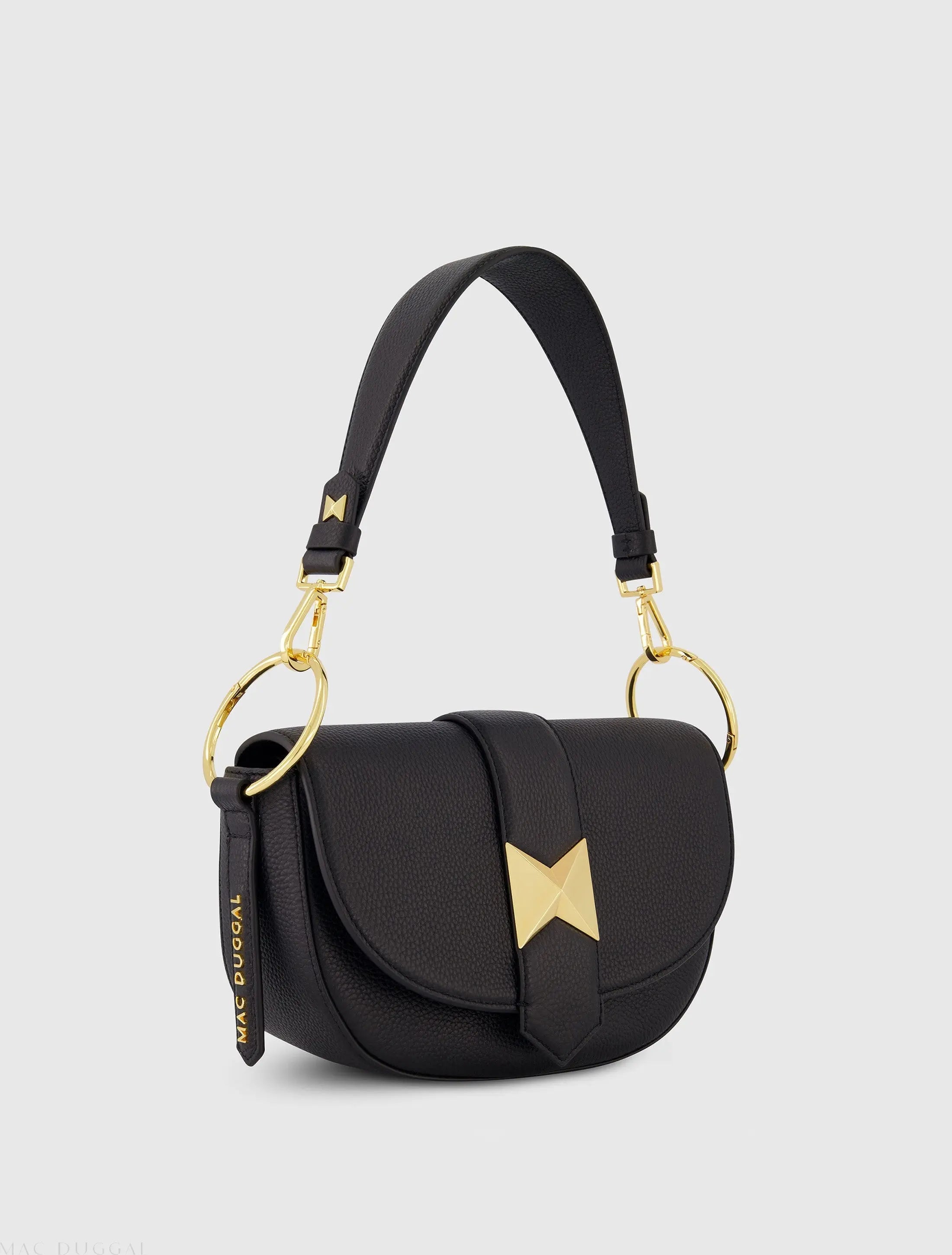 Black Grain Leather Saddle Bag With Gold Hardware