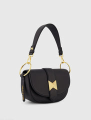 Black Grain Leather Saddle Bag With Gold Hardware