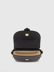 Black Grain Leather Saddle Bag With Gold Hardware