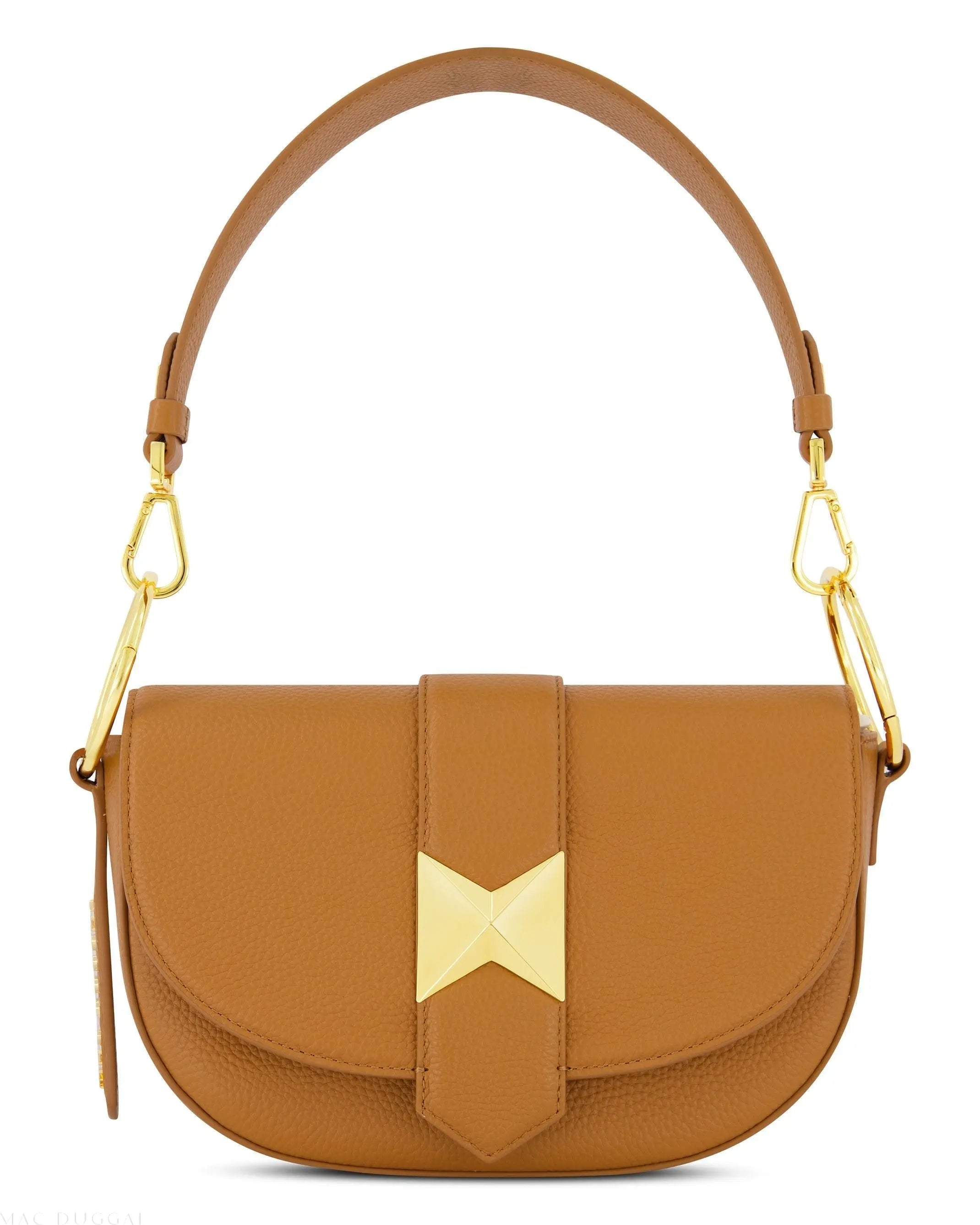 Brown Grain Leather Saddle Bag With Gold Hardware