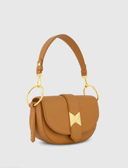 Brown Grain Leather Saddle Bag With Gold Hardware