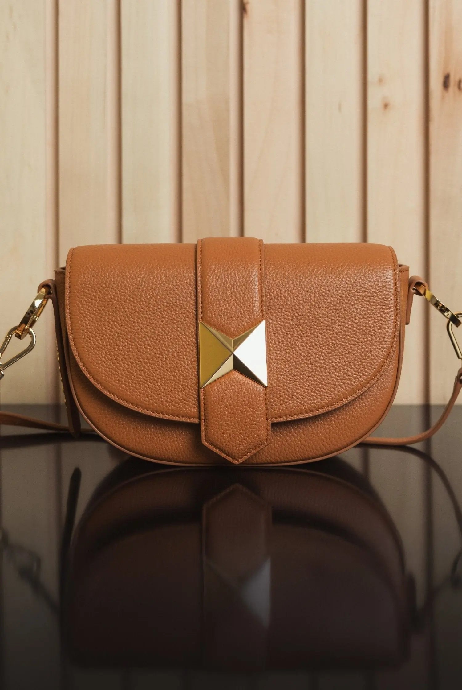 Brown Grain Leather Saddle Bag With Gold Hardware