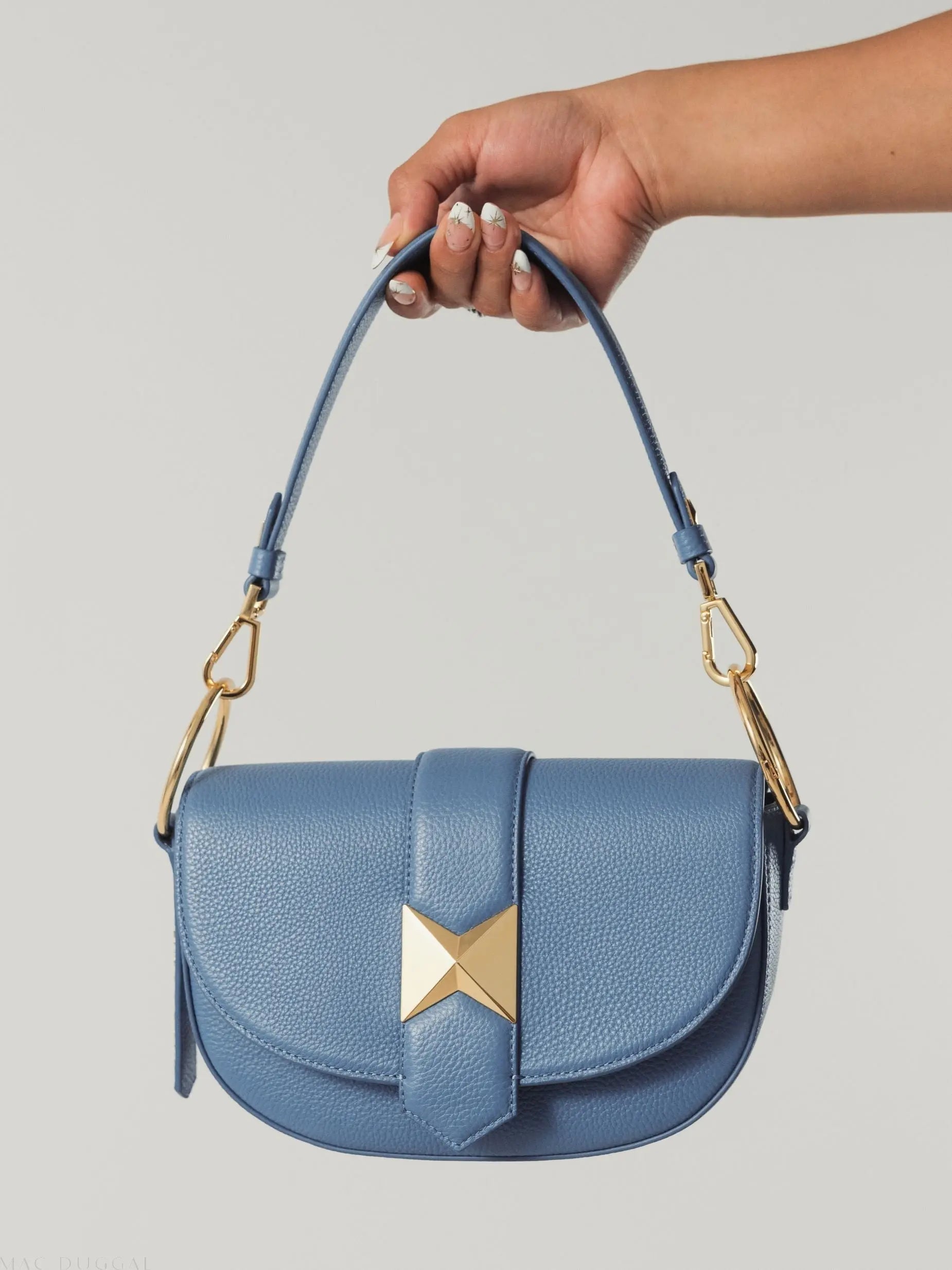 Blue Grain Leather Saddle Bag With Gold Hardware