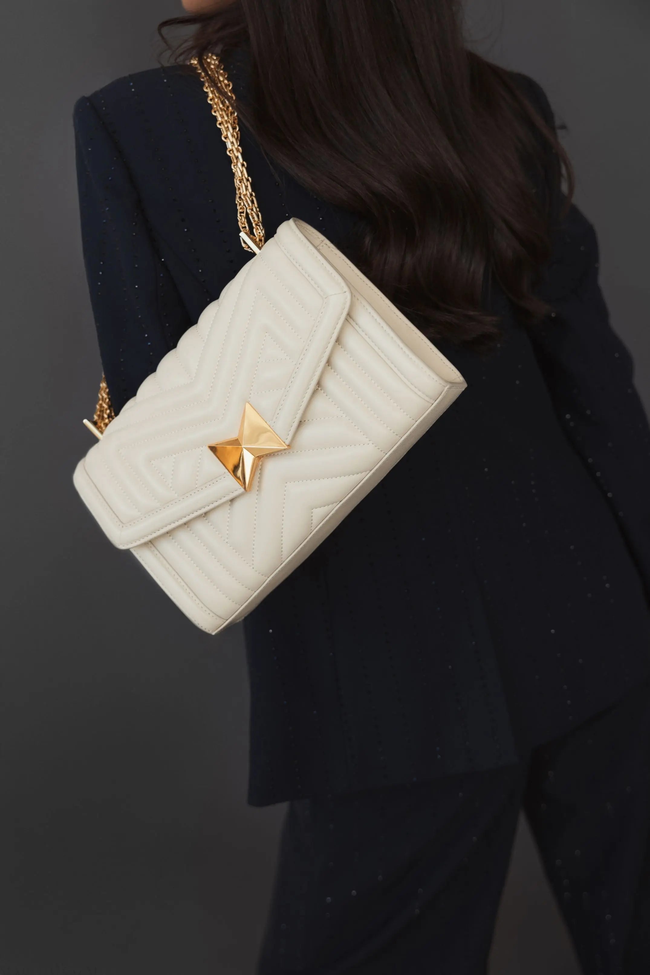 White Quilted Napa Leather Handbag With Gold Chain