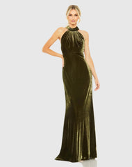Green Halter Tie Front Slit Velvet Column Gown