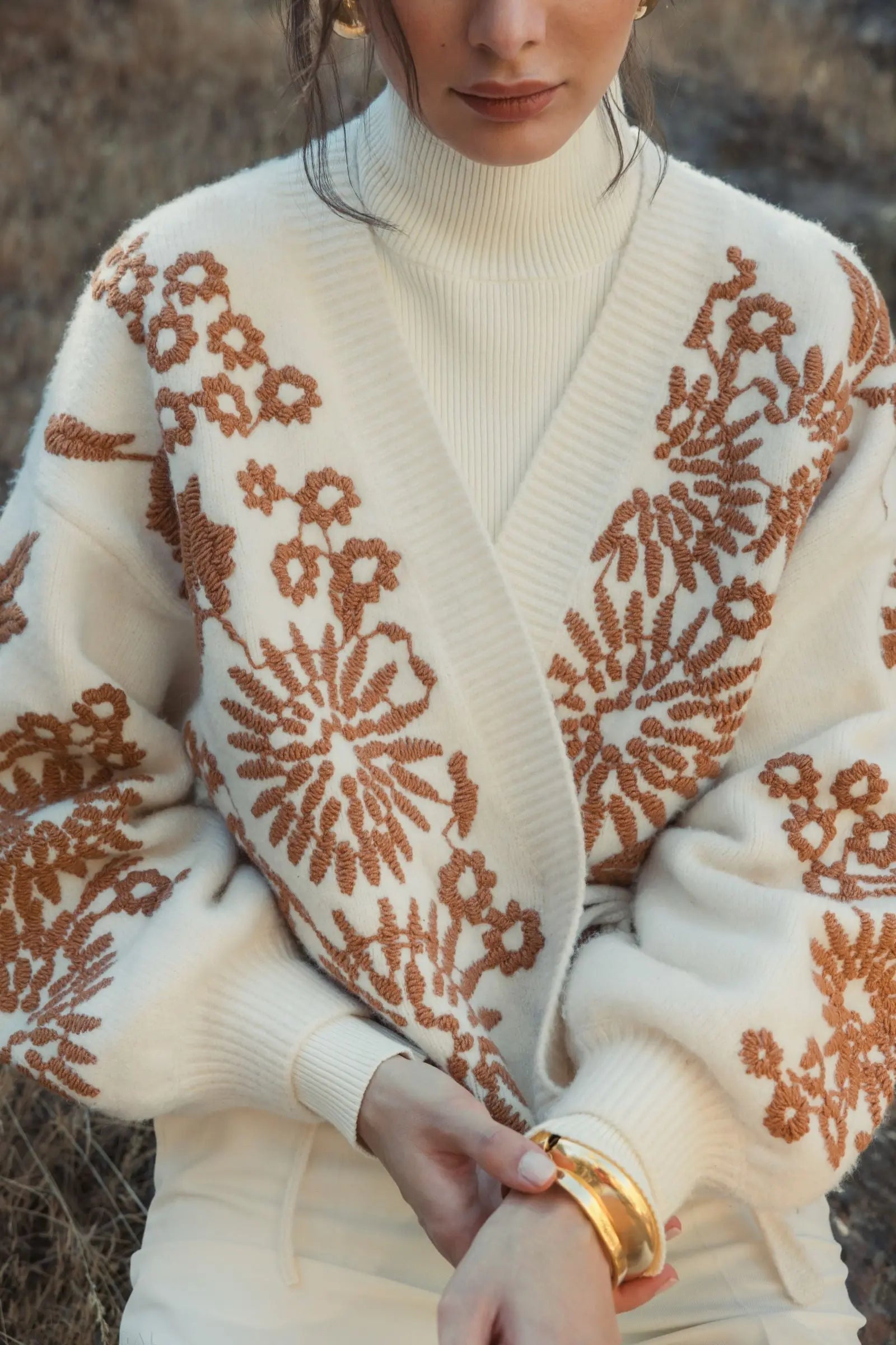 White Cropped Knit Cardigan With Floral Details