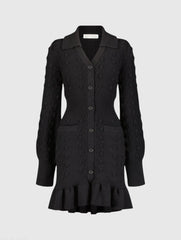 Black Long Sleeve Button Up Collared Bobble Knit Sweater Dress