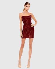 Red Open Back Lace Up Sequin Mini Dress