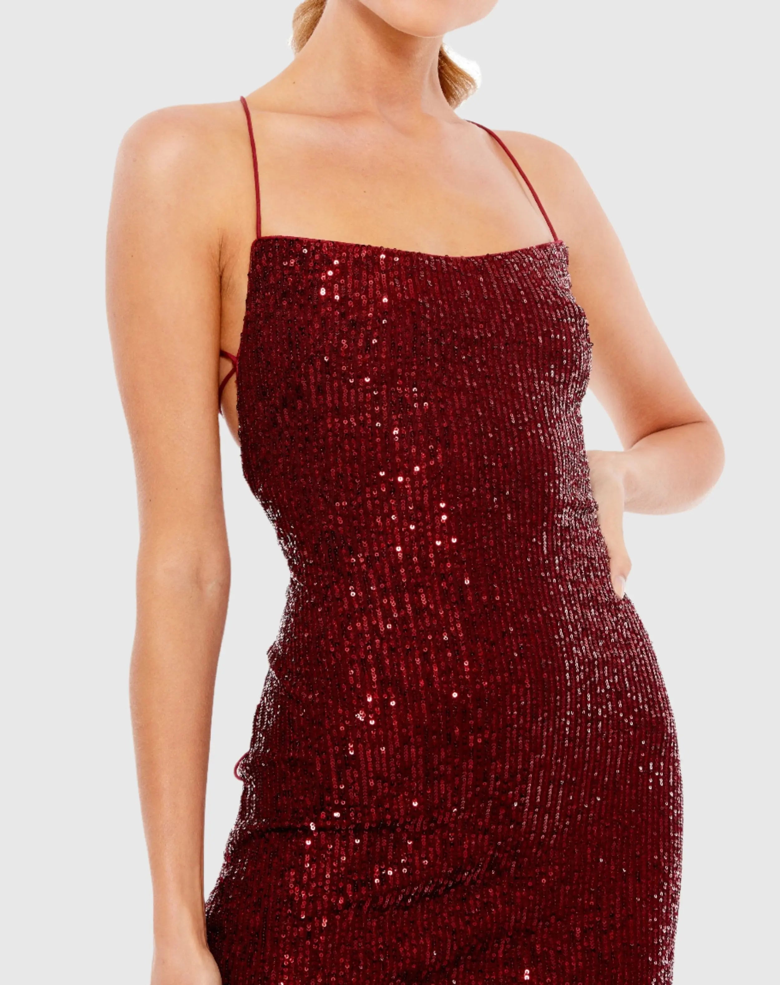 Red Open Back Lace Up Sequin Mini Dress