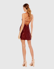 Red Open Back Lace Up Sequin Mini Dress