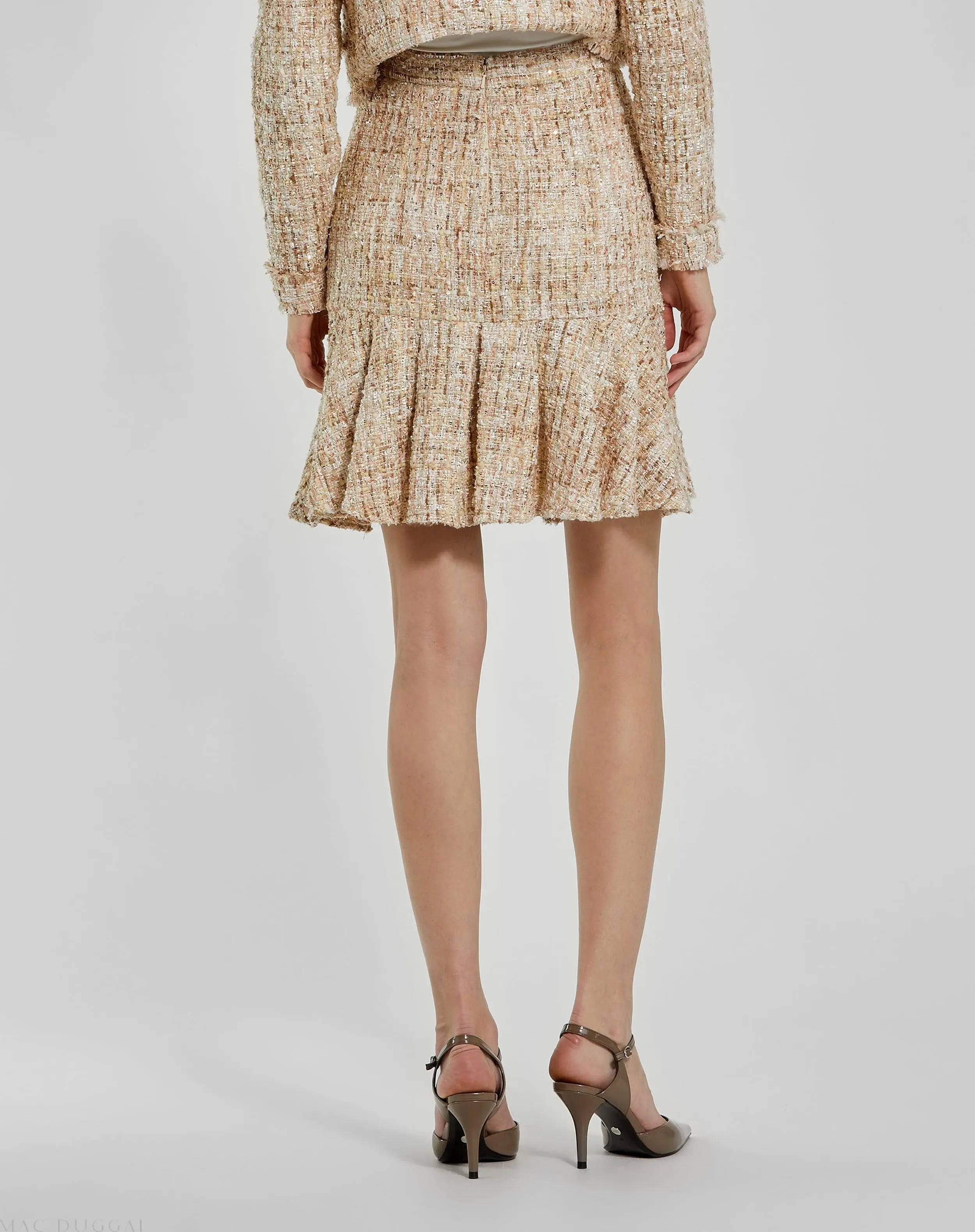 Beige High Waist Box Pleat Boucle Mini Skirt