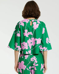 Green Printed Crepe 3/4 Bell Sleeve High Neck Top - FINAL SALE