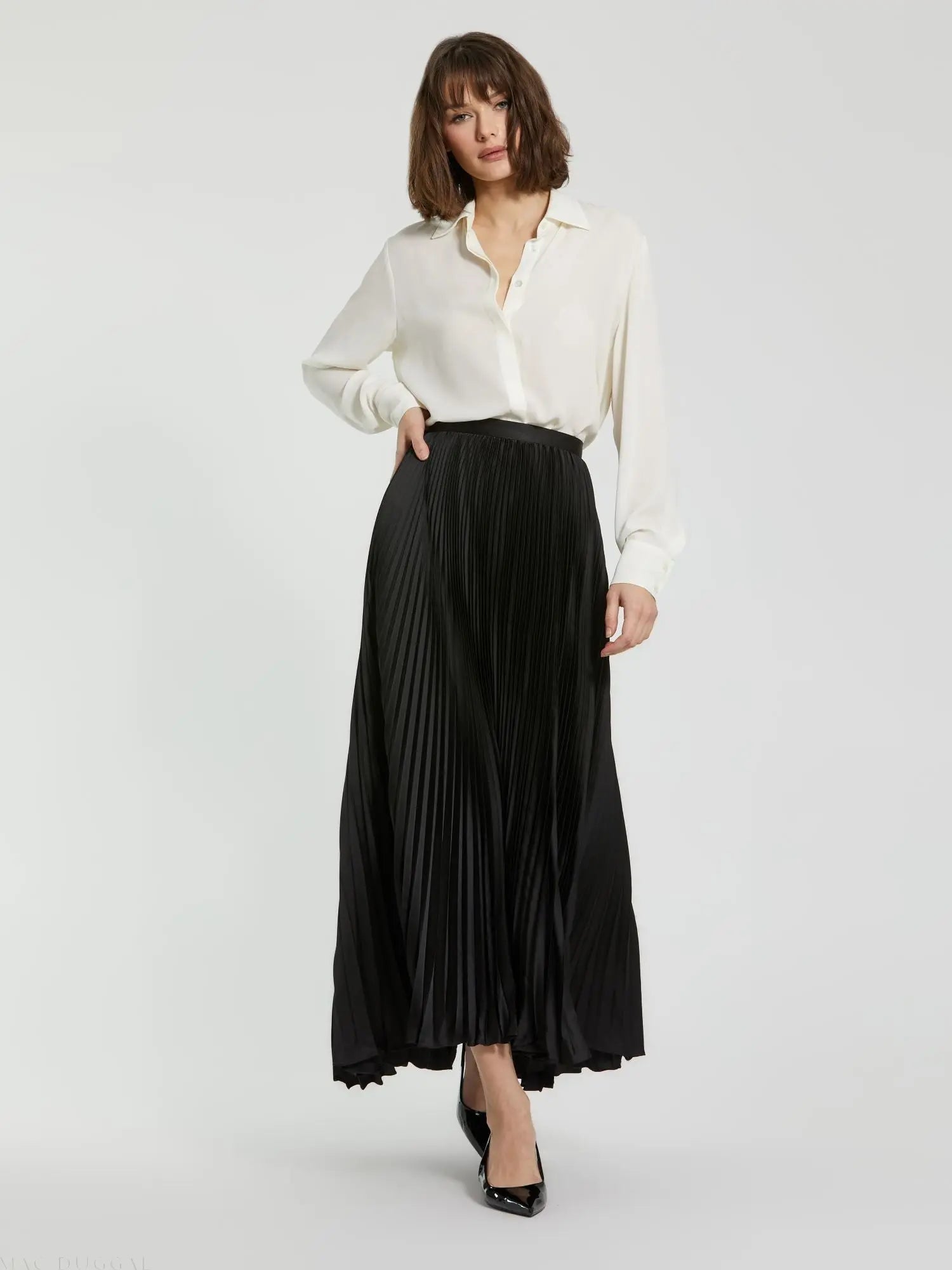 Black Pleated Satin Maxi Skirt
