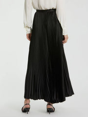 Black Pleated Satin Maxi Skirt