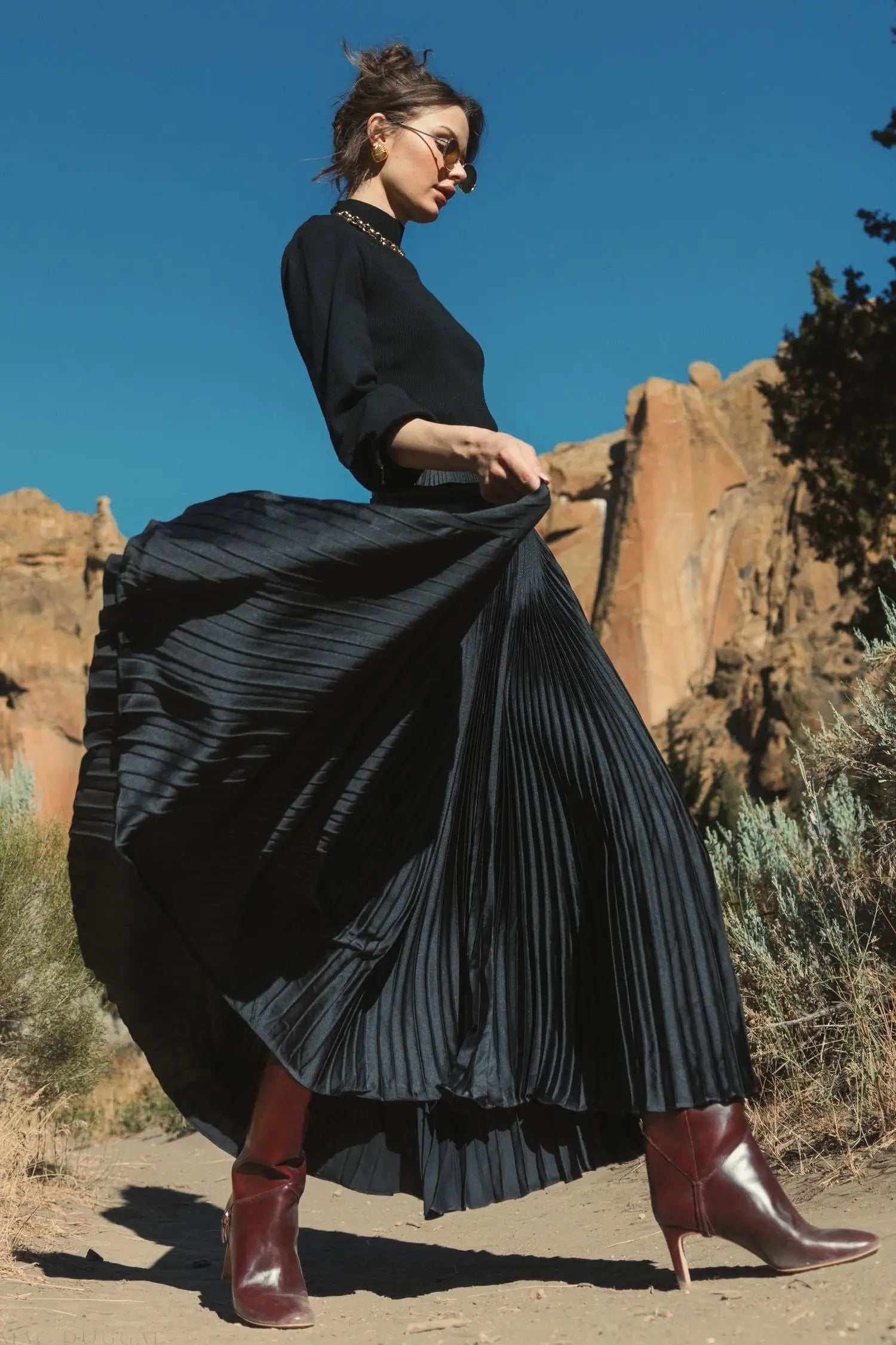 Black Pleated Satin Maxi Skirt