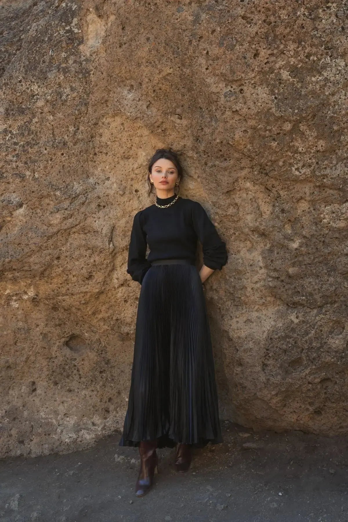 Black Pleated Satin Maxi Skirt