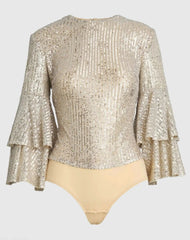 Silver Ruffle 3/4 Sleeve Sequin Bodysuit - FINAL SALE