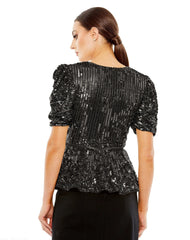 Black Sequined Puff Sleeve Faux Wrap Top - FINAL SALE