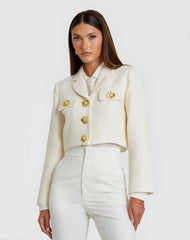 White Cropped Tweed Floral Button Jacket - FINAL SALE