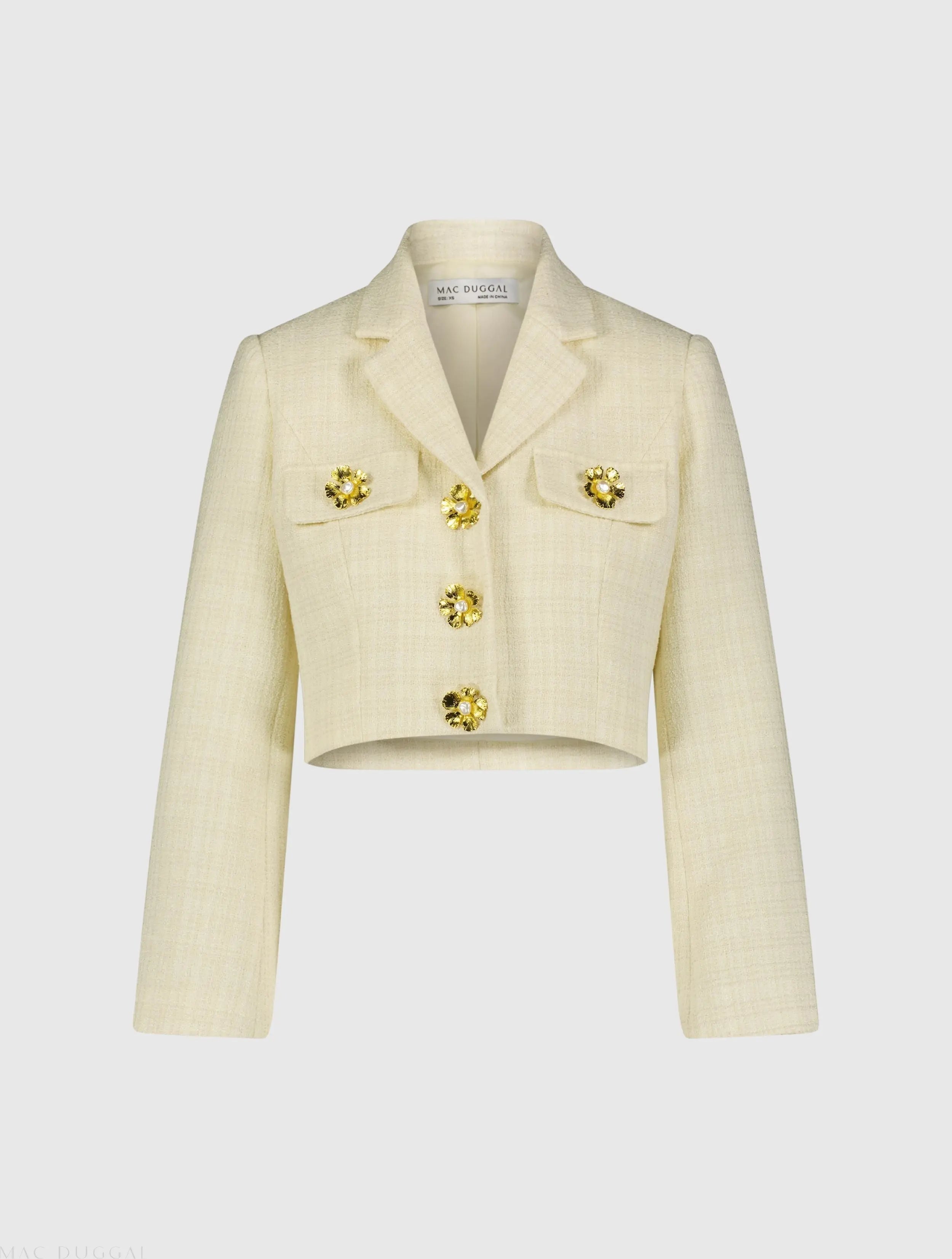 White Cropped Tweed Floral Button Jacket - FINAL SALE