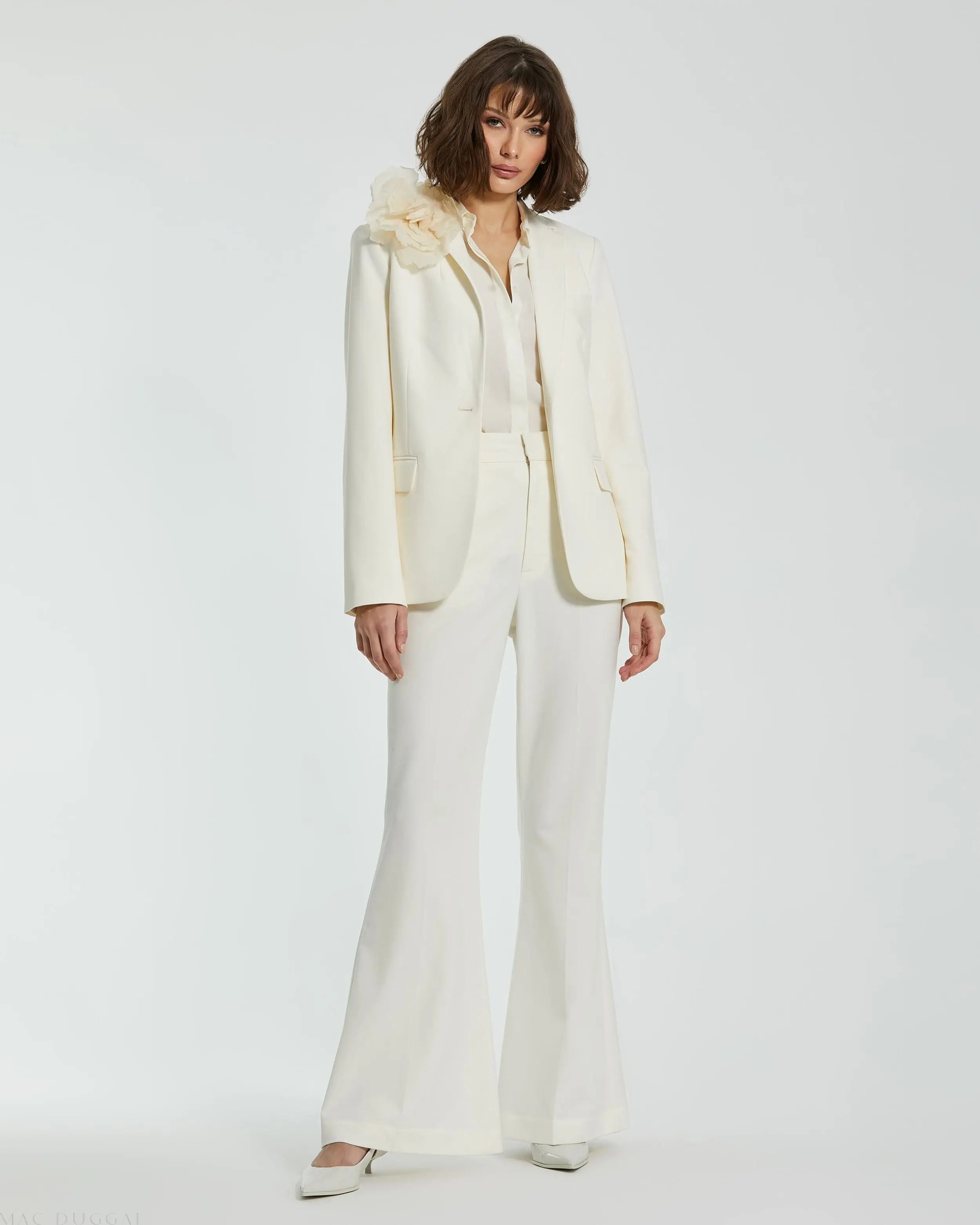 Ivory Classic Crepe Blazer Jacket With Flower - FINAL SALE