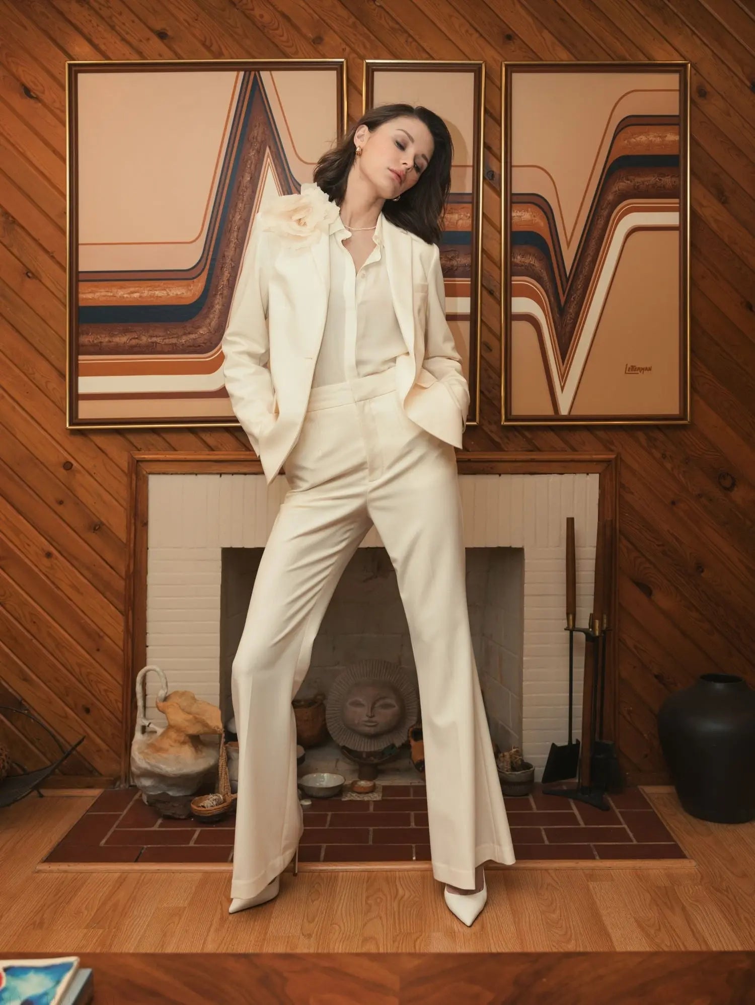 Ivory Classic Crepe Blazer Jacket With Flower - FINAL SALE