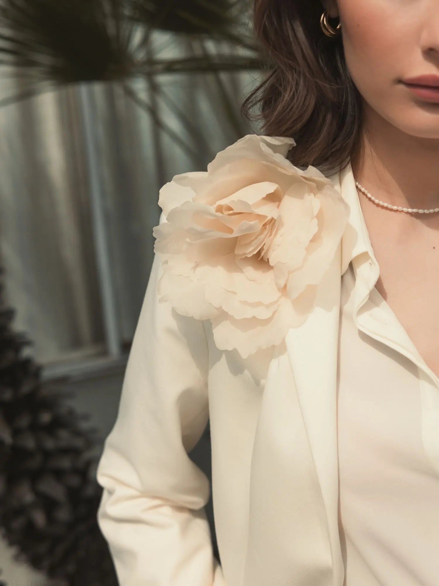 Ivory Classic Crepe Blazer Jacket With Flower - FINAL SALE