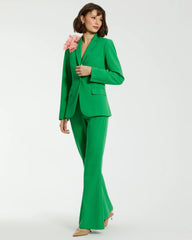 Green Classic Crepe Blazer Jacket With Flower