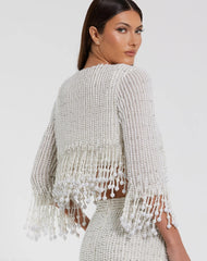 White Pearl Beaded Cropped Jacket