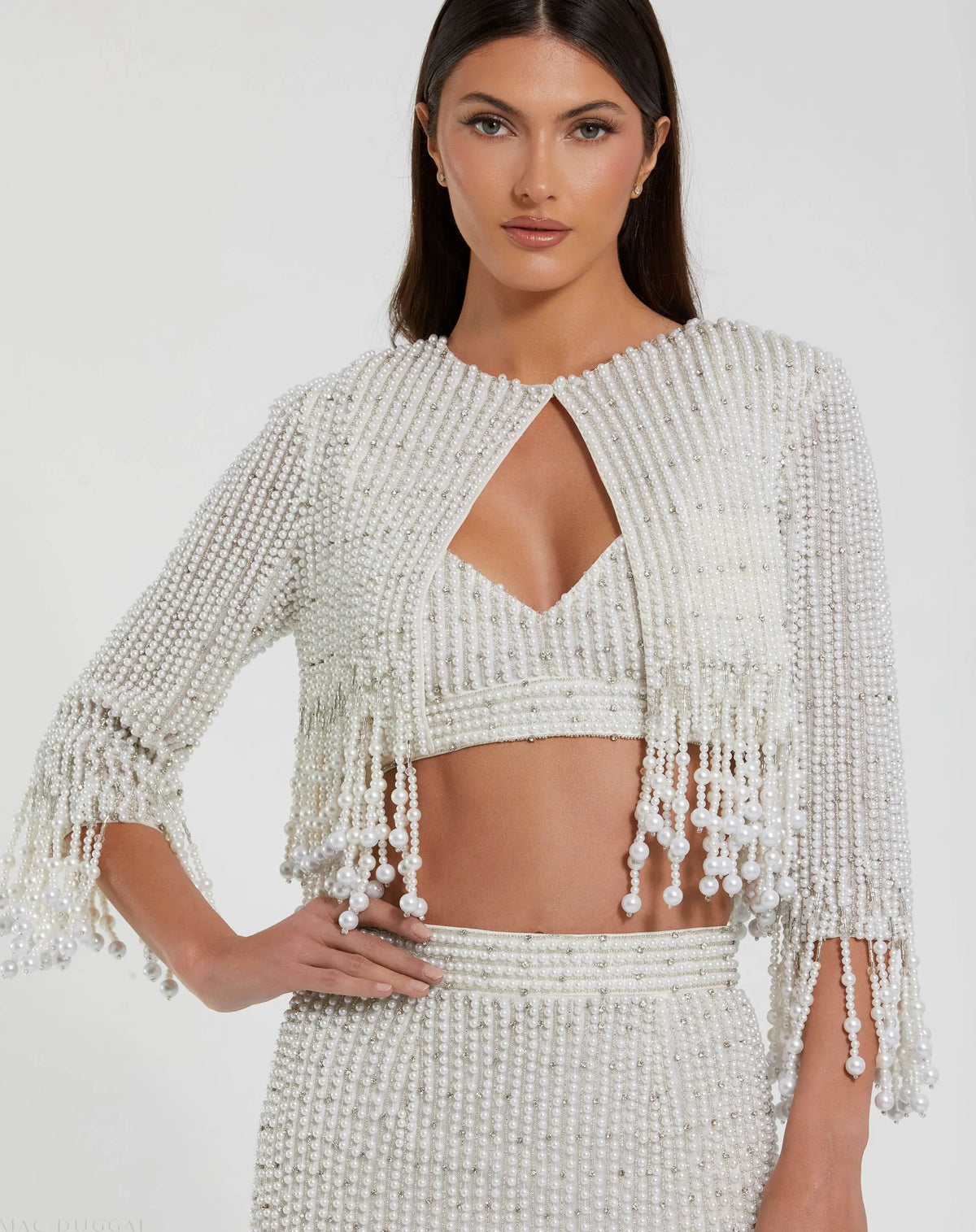 White Pearl Beaded Cropped Jacket