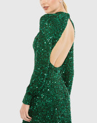 Green Sequin Open Back Bishop Sleeve Mini Dress